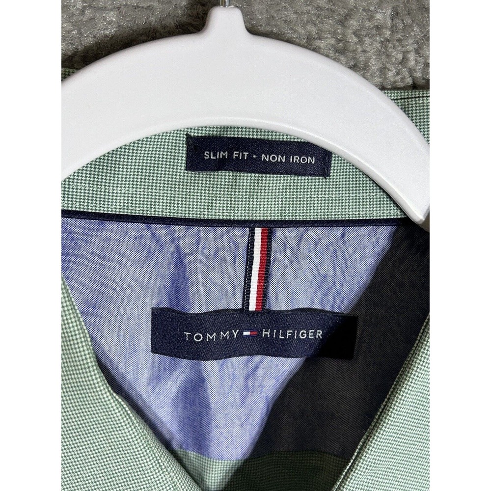 Tommy Hilfiger Shirt Mens Size 18 Slim Fit Button Up‎ Green Mini Check Cotton - Picture 3 of 10